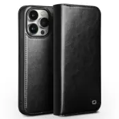 Qialino iPhone 15 Pro Max Plånboksfodral Äkta Läder Folio Flip - Svart