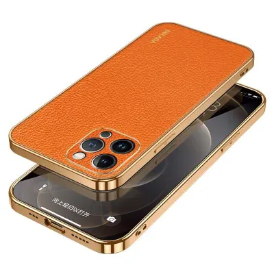 SULADA iPhone 15 Pro Max Skal Electroplating PU Läder Orange
