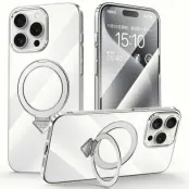 SULADA iPhone 15 Pro Max Skal MagSafe Kickstand Klar PC Titan Silver