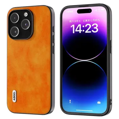 ABEEL iPhone 15 Pro Skal Litchi Textur PU Läder Orange