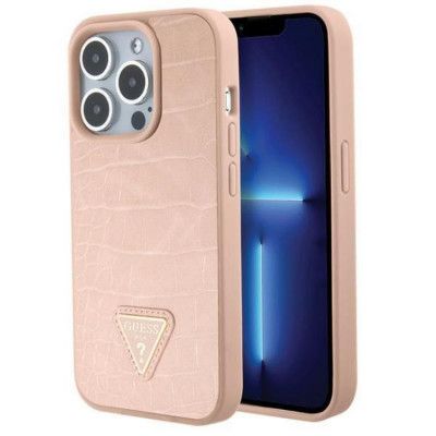 Guess Mobilskal till iPhone 15 Pro Croco Triangle Metal Logo - Rosa