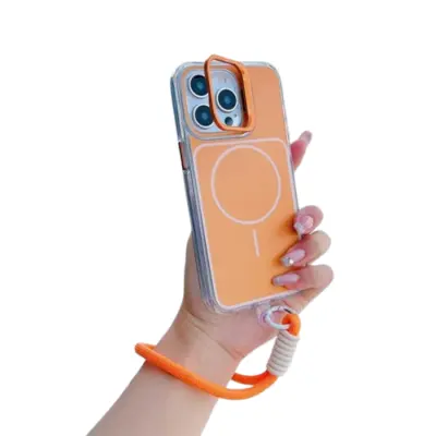 iPhone 15 Pro Mobilskal MagSafe Lens Kickstand med Handrem - Orange (Orange)