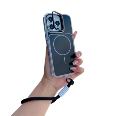 iPhone 15 Pro Mobilskal MagSafe Lens Kickstand med Handrem (Svart)