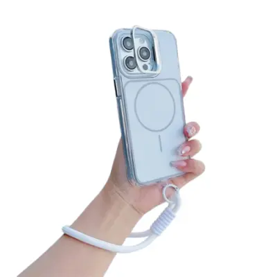 iPhone 15 Pro Mobilskal MagSafe Lens Kickstand med Handrem - Vit (Vit)