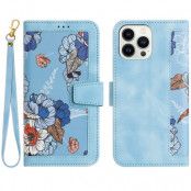 iPhone 15 Pro Plånboksfodral Flower Pattern - Ljusblå