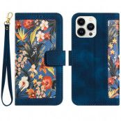 iPhone 15 Pro Plånboksfodral Flower Pattern - Mörkblå