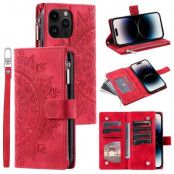 iPhone 15 Pro Plånboksfodral Mandala Flower Imprinted - Röd