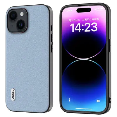 ABEEL iPhone 15 Mobilskal Stöttålig Äkta Läder PC+TPU Blå