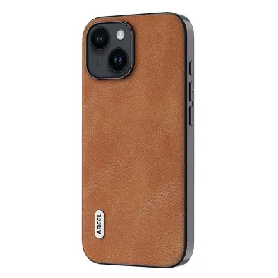 ABEEL iPhone 15 Skal, Läderlook PU + TPU, Brun