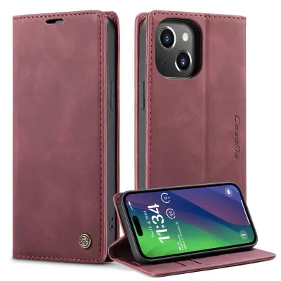 CASEME 013 Series iPhone 15 Läderplånboksfodral Röd