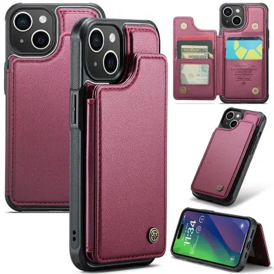 CASEME C22 iPhone 15 Fodral Läder med RFID Kortfack - Röd