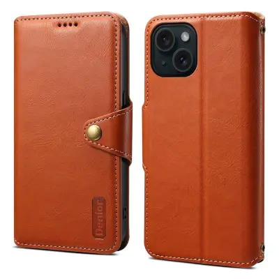 DENIOR iPhone 15 Plånboksfodral Äkta Läder med Ställ - Brun