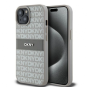 DKNY iPhone 15/14/13 Mobilskal Läder Mono Stripe & Metal Logo - Beige