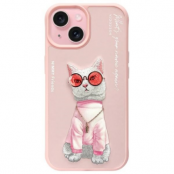 Nimmy iPhone 15 Mobilskal Glasses Cool Cat - Rosa