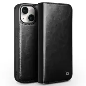 Qialino iPhone 15 Plånboksfodral Äkta Läder Cowhide - Svart