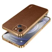 SULADA iPhone 15 Mobilskal Litchi Textur Elektroplätering Brun