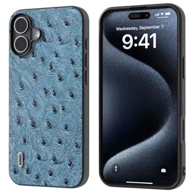 ABEEL iPhone 16 Plus Skal Ostrich Textur Äkta Läder Blå