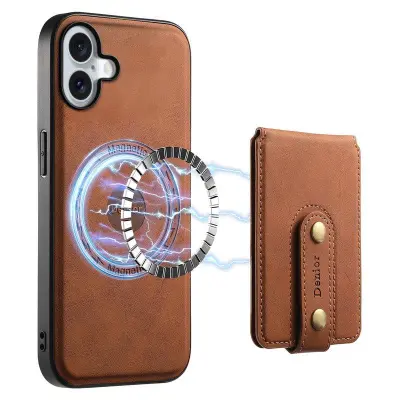 DENIOR D14 iPhone 16 Plus Fodral Äkta läder MagSafe Kortväska - Brun