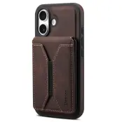 DENIOR D18 iPhone 16 Plus Fodral Ring Ställ i Läder PC TPU - Brun