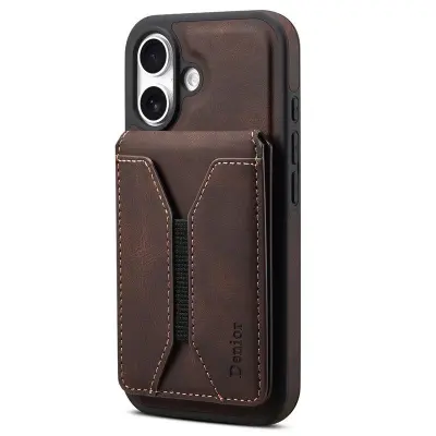 DENIOR D18 iPhone 16 Plus Fodral Ring Ställ i Läder PC TPU - Brun