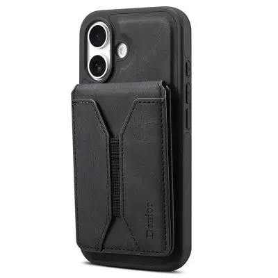 DENIOR D18 iPhone 16 Plus Fodral Ring Ställ Läder PC TPU Svart