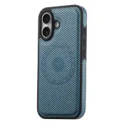 DENIOR iPhone 16 Plus Fodral i äkta läder med kolfibertextur - Blå