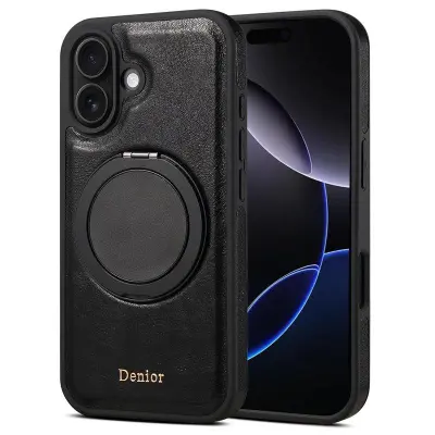 DENIOR iPhone 16 Plus Fodral Rotera Magnetisk Ställning Äkta Läder Svart