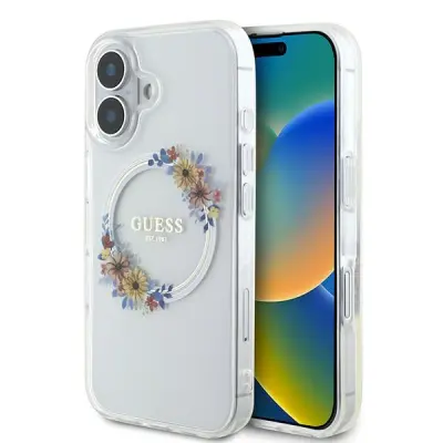 Guess iPhone 16 Plus Mobilskal MagSafe IML Flowers Wreath - Transparent