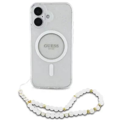Guess Mobilskal till iPhone 16 Plus MagSafe IML Glitter Med Strap - Clear
