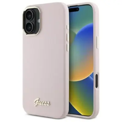 Guess Mobilskal till iPhone 16 Plus Silikon Script Metal Logo - Rosa