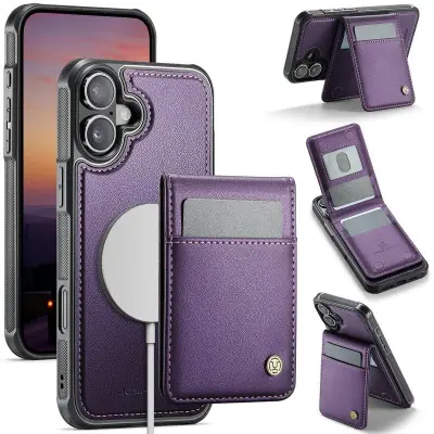 JEEHOOD J06 iPhone 16 Plus Konstläder fodral MagSafe RFID-Skydd - Lila