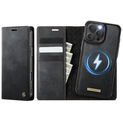 CASEME C49 Mobilskal till iPhone 16 Pro Max MagSafe KonstLäder RFID-Skydd Svart