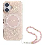 Guess iPhone 16 Mobilskal MagSafe IML Flowers Med Strap - Rosa