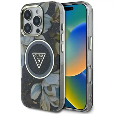 Guess iPhone 16 Pro Max Mobilskal Magsafe Glitter Flowers - Svart