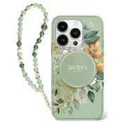 Guess iPhone 16 Pro Max Mobilskal MagSafe IML Flowers Med Pearl Strap - Grön