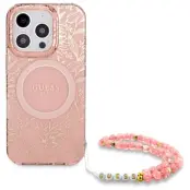 Guess iPhone 16 Pro Max Mobilskal MagSafe IML Flowers Med Strap - Rosa