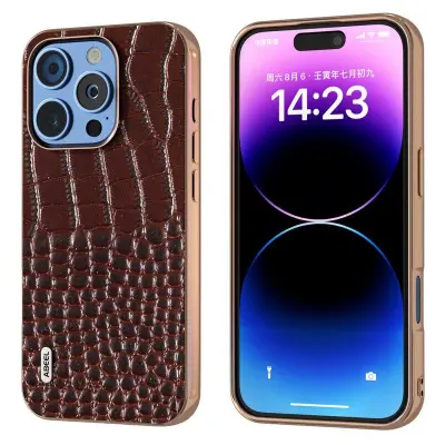 ABEEL iPhone 16 Pro Fodral Äkta Läder Krokodil Textur Kaffe