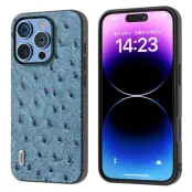 ABEEL iPhone 16 Pro Skal Äkta Läder Ostrich Textur Blå