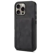 DENIOR iPhone 16 Pro Fodral Kortfack Ställ Retro Läder + PC + TPU - Svart