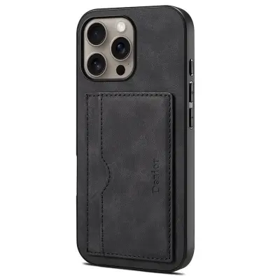 DENIOR iPhone 16 Pro Fodral Kortfack Ställ Retro Läder + PC + TPU - Svart
