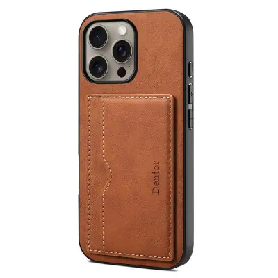 DENIOR iPhone 16 Pro Fodral Kortfack Ställ Retro Läder+PC+TPU Brun