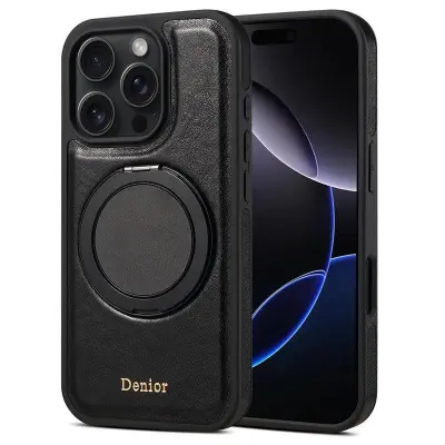 DENIOR iPhone 16 Pro Fodral Rotera Magnetisk Ställning Äkta Läder - Svart