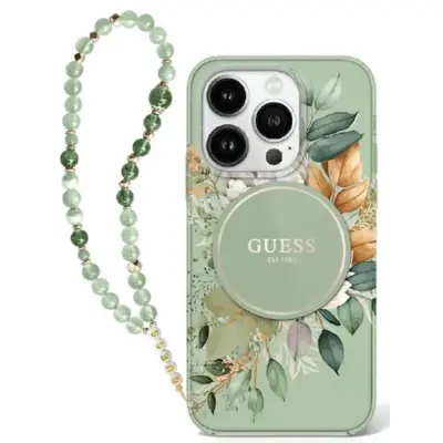 Guess Mobilskal till iPhone 16 Pro MagSafe IML Flowers Med Pearl Strap - Grön