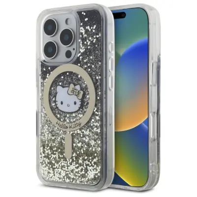 Hello Kitty Mobilskal till iPhone 16 Pro MagSafe Liquid Glitter - Svart Guld