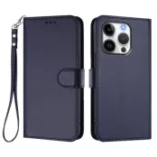 iPhone 16 Pro Plånboksfodral Läder med Handledsrem - Blå