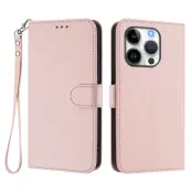 iPhone 16 Pro Plånboksfodral Läder med Handledsrem - Rosa