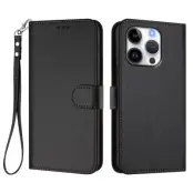 iPhone 16 Pro Plånboksfodral Läder med Handledsrem - Svart