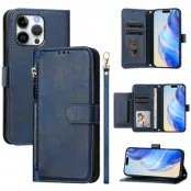 iPhone 16 Pro Plånboksfodral Zipper Pocket Läder - Blå