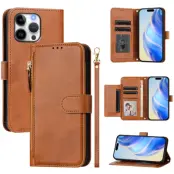 iPhone 16 Pro Plånboksfodral Zipper Pocket Läder - Brun