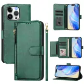 iPhone 16 Pro Plånboksfodral Zipper Pocket Läder - Grön